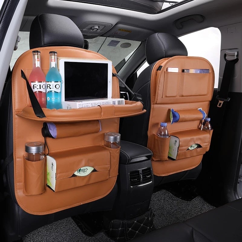 Leather Car Seat Back Organizer With Tray - ElectroniX
